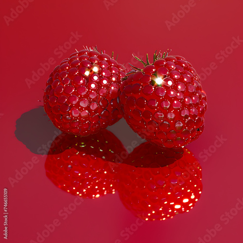 Adeep red background with two disco raspberries in th photo