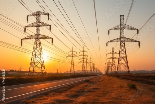 Beautiful silhouette of a high voltage electric tower standing tall against the vibrant sunset sky