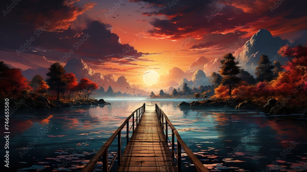 a pier and the sun setting over a lake, in the style of luminous seascapes, romantic seascapes, serene seascapes - obrazy, fototapety, plakaty 