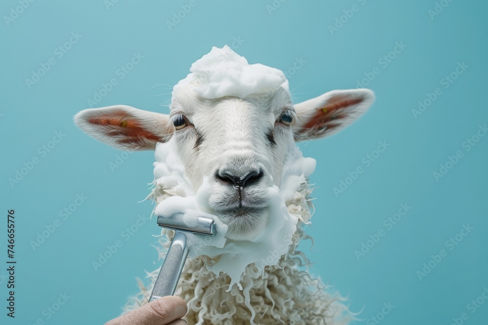 Sheep with shaving foam and razor. AI generative art