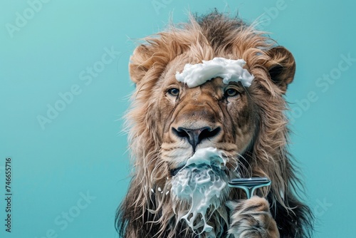 Lion with shaving foam and razor. AI generative art