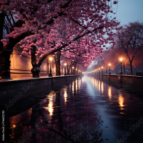 a pink blossom lined sidewalk with trees at night, glorious, shiny, kimoicore, i can't believe how beautiful this is, luxurious wall hangings photo