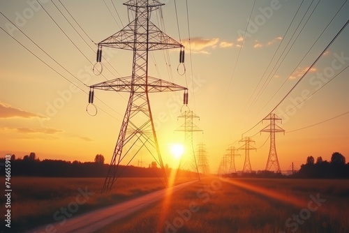 Silhouette of high voltage electric tower against beautiful sunset sky background