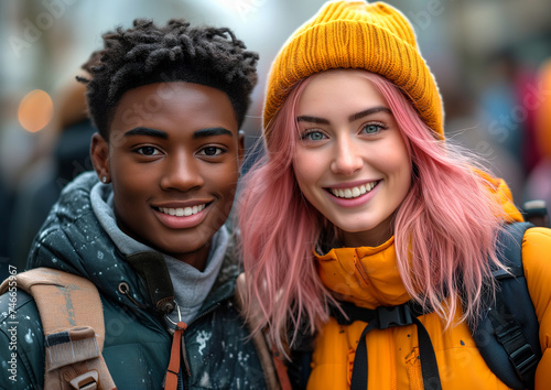 High quality portrait of two two young diverse students outdoors in winter. Happy black non-binary young person and young woman with pink dyed hairs.