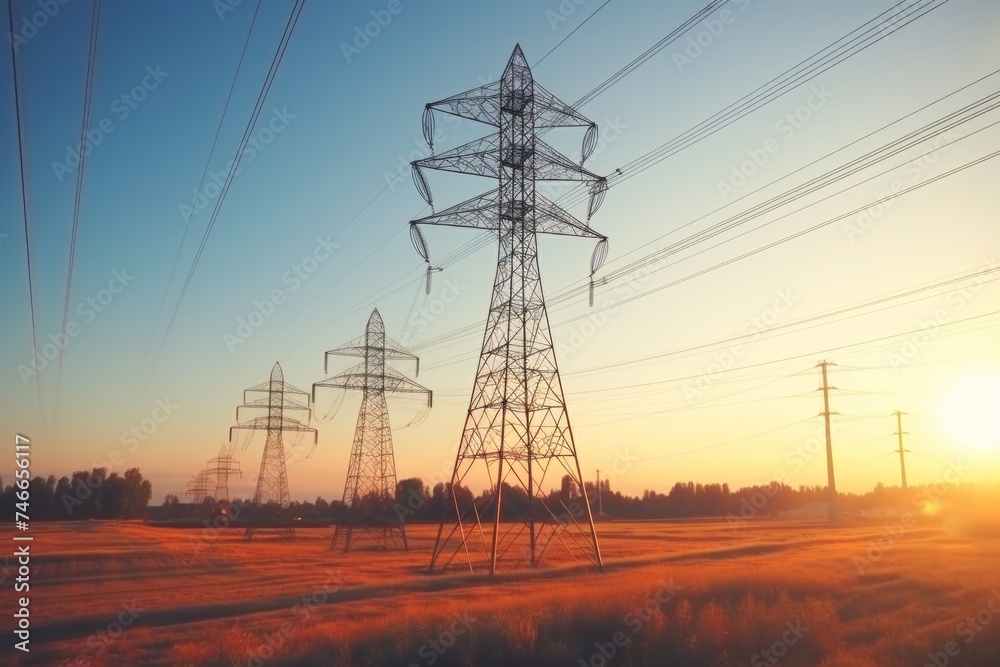 Fototapeta premium Silhouette of high voltage electric tower against dramatic sunset sky background