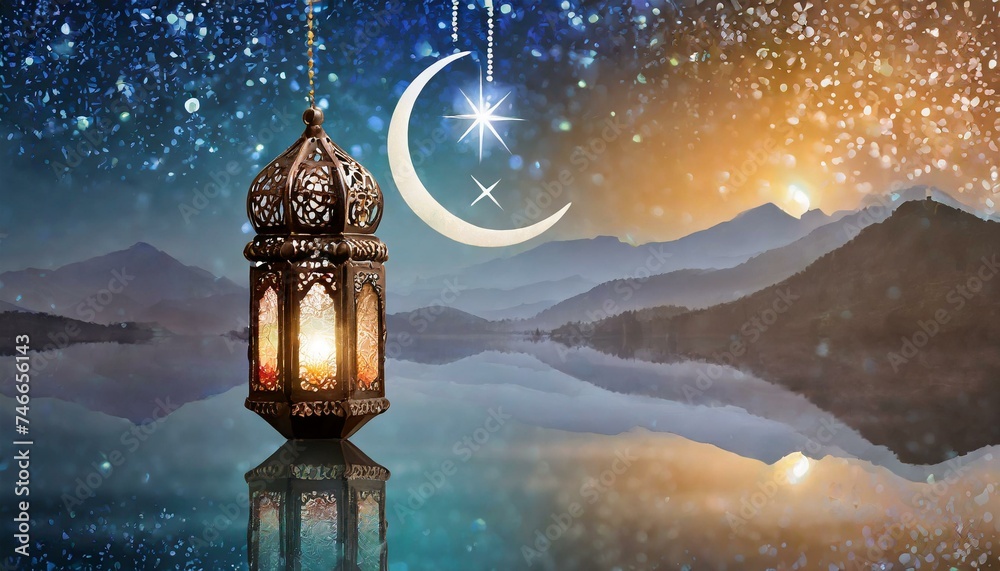 Ramadan Kareem greeting card. An illuminated ramadan lantern against blue night sky with an crescent moon. Invitation for Muslim holy month Ramadan Kareem.