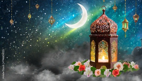 Ramadan Kareem greeting card. An illuminated ramadan lantern against blue night sky with an crescent moon. Invitation for Muslim holy month Ramadan Kareem. photo
