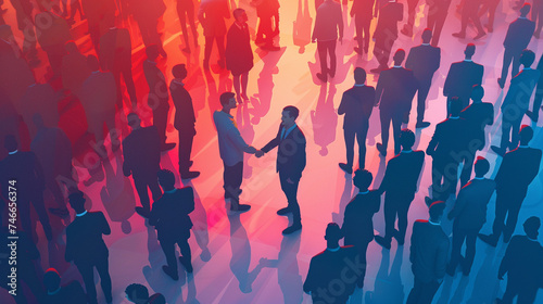 Amidst the vibrant atmosphere of a networking event, two businessmen shake hands amidst a sea of faces, their agreement sparking a ripple of excitement and anticipation for what li