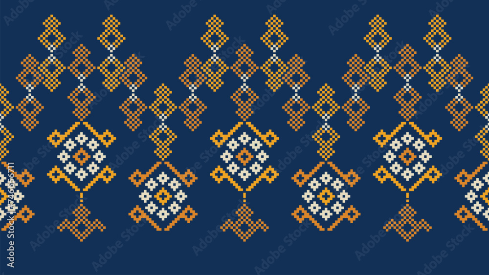 Traditional ethnic motifs ikat geometric fabric pattern cross stitch.Ikat embroidery Ethnic oriental Pixel navy blue background. Abstract,vector,illustration. Texture,scarf,decoration,wallpaper. Traditional ethnic motifs ikat geometric fabric pattern cross stitch.Ikat embroidery Ethnic oriental Pixel navy blue background. Abstract,vector,illustration. Texture,scarf,decoration,wallpaper.