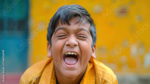 A South Asian teenage boy with Down syndrome showing excitement and enthusiasm, with a bright smile. Learning Disability