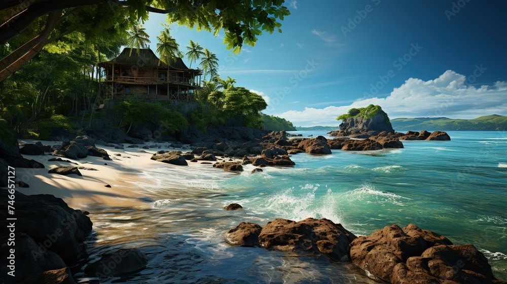 a postcard photo island paradise '' on the beach, in the style of spectacular backdrops, dark teal and light brown