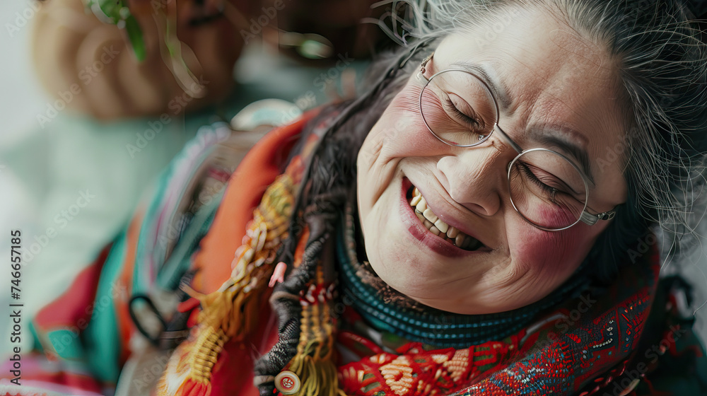 An Indigenous woman with Down syndrome smiling warmly, conveying kindness and compassion. Learning Disability.