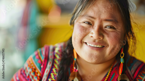 An Indigenous woman with Down syndrome smiling warmly, conveying kindness and compassion. Learning Disability.