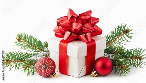 isolated christmas gift box with a red bow and christmas decoration on a white background design element on transparent background