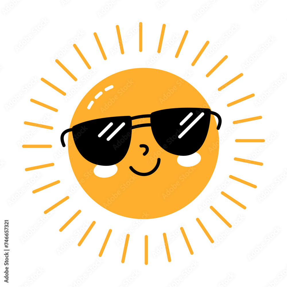 Happy cheerful sun wearing sunglasses. Cartoon sun on the background. Vector isolated. Happy cheerful sun wearing sunglasses. Cartoon sun on the background. Vector isolated.