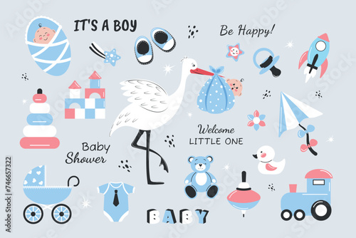 A children's set with a cute stork and a baby, a set of toys and inscriptions. Vector illustration for a newborn boy photo