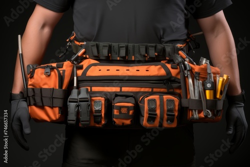 Close-up of maintenance worker carrying bag and wearing tool kit on waist in industrial setting