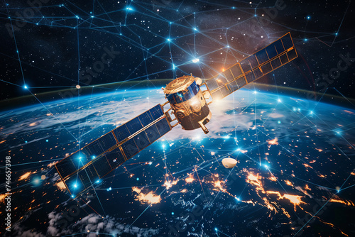 Telecom Satellite Orbiting Earth: Futuristic Tech and Global Connectivity. Generative AI. photo