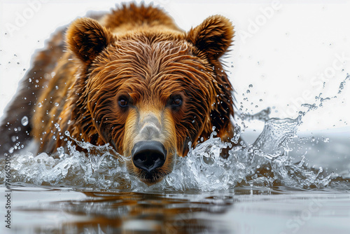 High quality portrait of a brown bear hunting in the water.