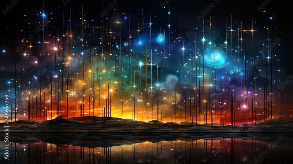 a rainbow and colorful star is reflected on a black background, in the style of art that plays with scale, light sky-blue and dark amber, piles/stacks, multiple screens, crystalline and geological for - obrazy, fototapety, plakaty 
