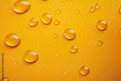 Close up of water droplets on a yellow surface, suitable for backgrounds