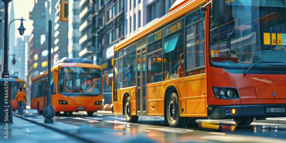 Two orange buses in motion, suitable for transportation concepts