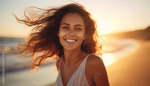 Portrait of a happy young woman on the beach at sunset. Enjoying life on vacation. Woman with a happy face. People on vacation. Relaxing on vacation. Leisure time. Tourism and travel. Holiday. © Travelstoxphoto