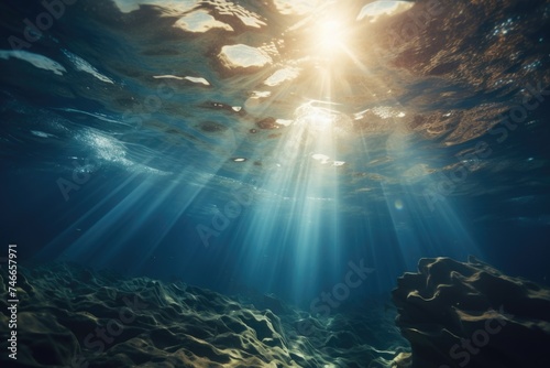 Sunlight shining through crystal clear water, perfect for nature or underwater themes