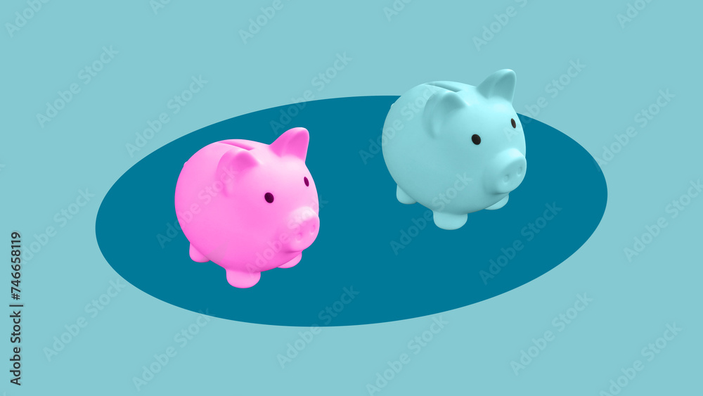 Separate budgets in relationships and family. General expense items and personal spending limits. The principle of forming a family fund. Collage with blue and pink piggy banks Separate budgets in relationships and family. General expense items and personal spending limits. The principle of forming a family fund. Collage with blue and pink piggy banks
