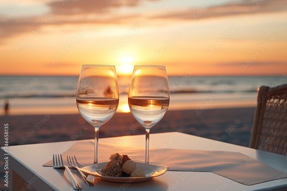 Romantic sunset dinner for two on beach. honeymoon table setting with wine in seaside restaurant