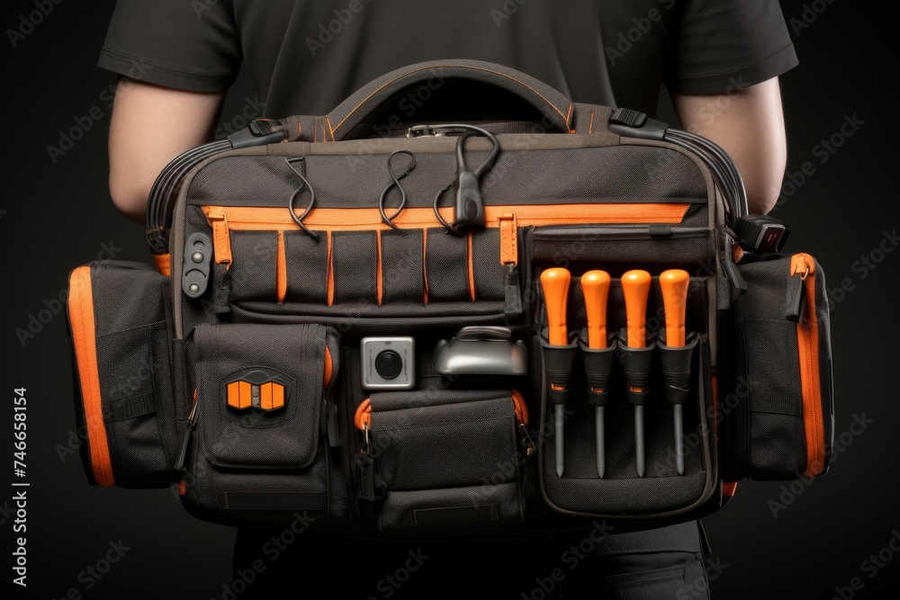 Close-up of maintenance worker carrying bag and tool kit wearing on waist for maintenance job