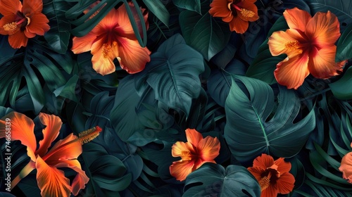 Vibrant orange flowers with lush green leaves  perfect for botanical designs