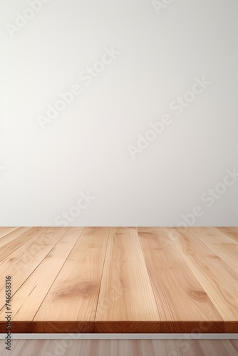 Simple wooden table with white wall background. Suitable for home decor or interior design concepts