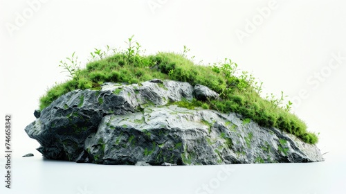 A rock covered in lush green plants and grass. Suitable for nature-themed designs