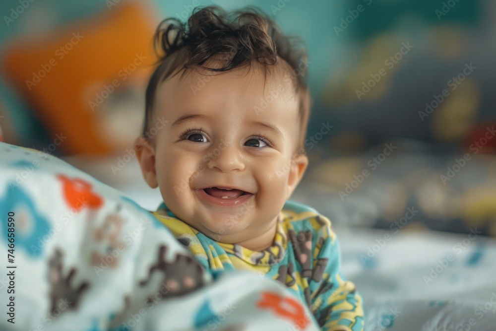 A happy baby laying on a bed. Suitable for family and lifestyle concepts A happy baby laying on a bed. Suitable for family and lifestyle concepts