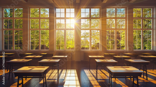 Sunlit Empty Classroom Symbolizing Fresh Starts