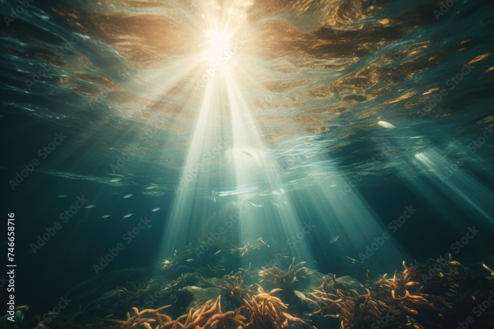 Sunlight penetrating water, suitable for nature themes