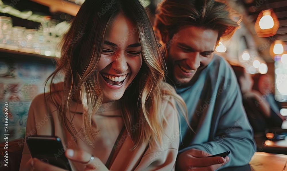 Obraz premium The couple sits on social media and laughs