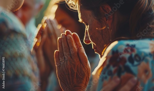 Sense of devotion and spiritual fulfill with christian catholic follower immerse in faith. Slow motion christian people practicing group prayer, holding hand while praying together. Burgeoning photo