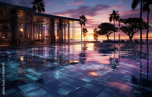 a resort pool with the sunset reflection by the shore  in the style of polished concrete  ethereal cloudscapes  calm seas and skies  light violet and indigo  serene and peaceful ambiance