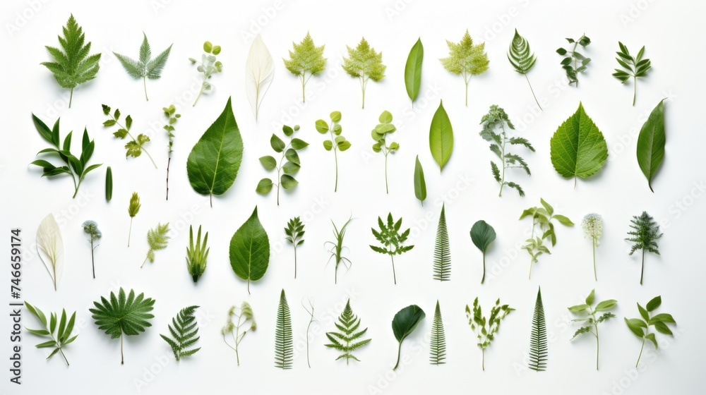 Collection of different types of leaves on a white surface. Suitable ...