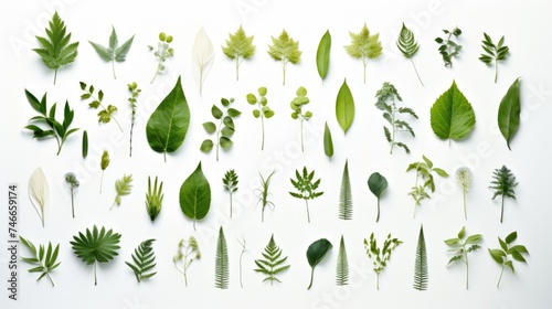 Collection of different types of leaves on a white surface. Suitable for botanical presentations photo
