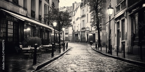 A black and white photo of a cobblestone street, suitable for various design projects photo