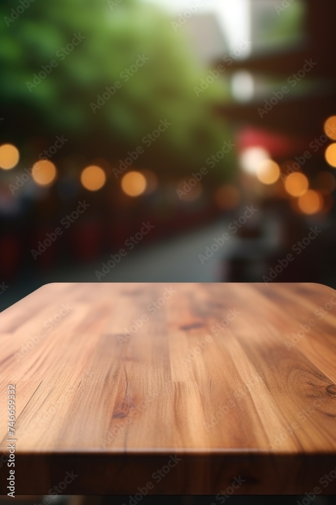 A wooden table with blurry lights in the background. Suitable for various design projects