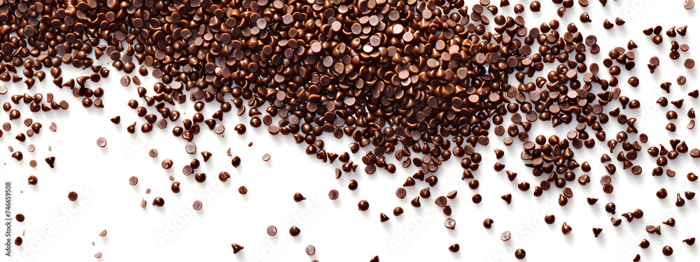 Fototapeta premium Chocolate sprinkles pile, granules scattered isolated on white, top view
