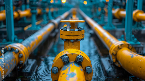 Gas industrial pipelines and yellow valve closeup. Supplying gas and oil.