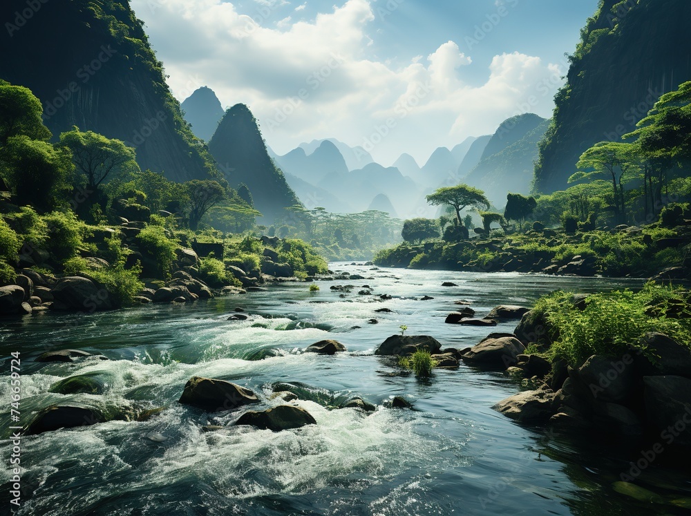 a river on a side of the mountains next to a waterfall, in the style of cultural themes, floating structures, webcam photography, 32k uhd, documentary travel photography, landscapes, dark emerald and 