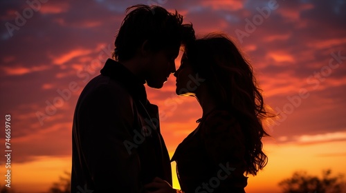 Silhouette of a couple sharing a kiss against a sunset