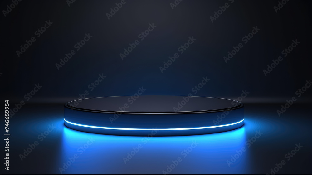 For Mock up: Round Podium with Blue Light on Black Background For Mock up: Round Podium with Blue Light on Black Background