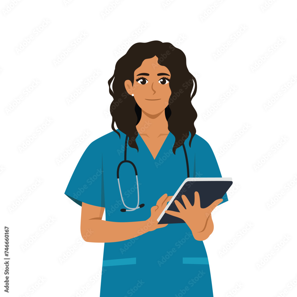 Young latina Woman Nurse Using Digital Tablet. Flat vector illustration isolated on white background Young latina Woman Nurse Using Digital Tablet. Flat vector illustration isolated on white background